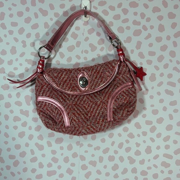 Y2K 90s Mini Bag Tweed Twill Striped Preppy Star Pink Latch Fringe Lined Purse - Picture 2 of 14